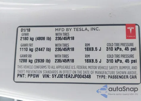 2018 Tesla Model 3 Long Range/Mid Range from USA, damaged, VIN 5YJ3E1EA2JF004348